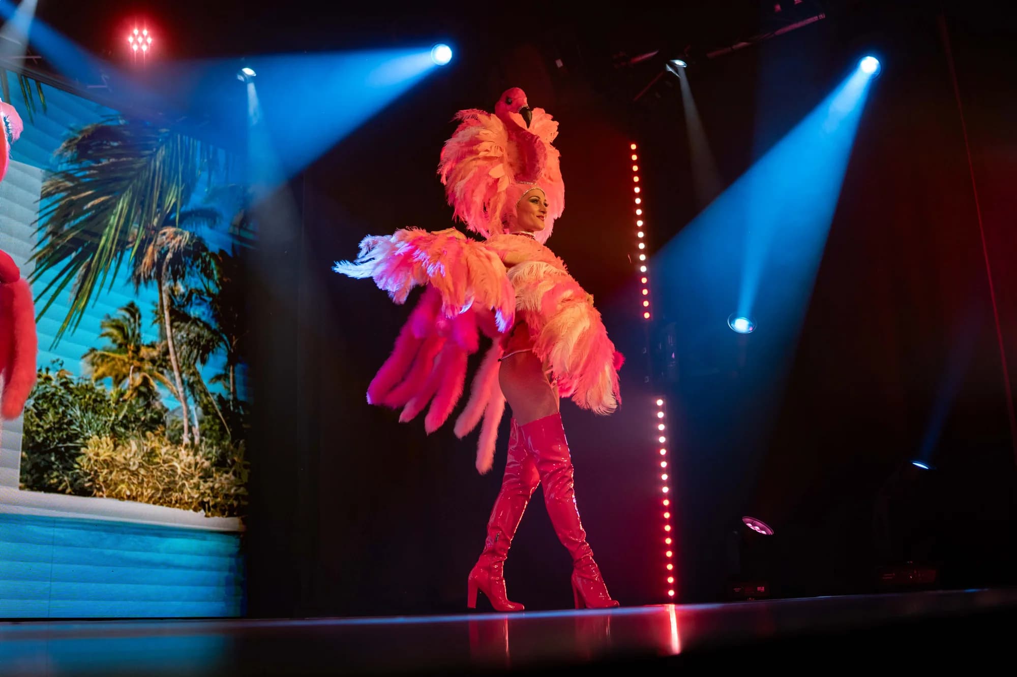 Une artiste de La Belle Entrée en costume rose et plumes sur scène